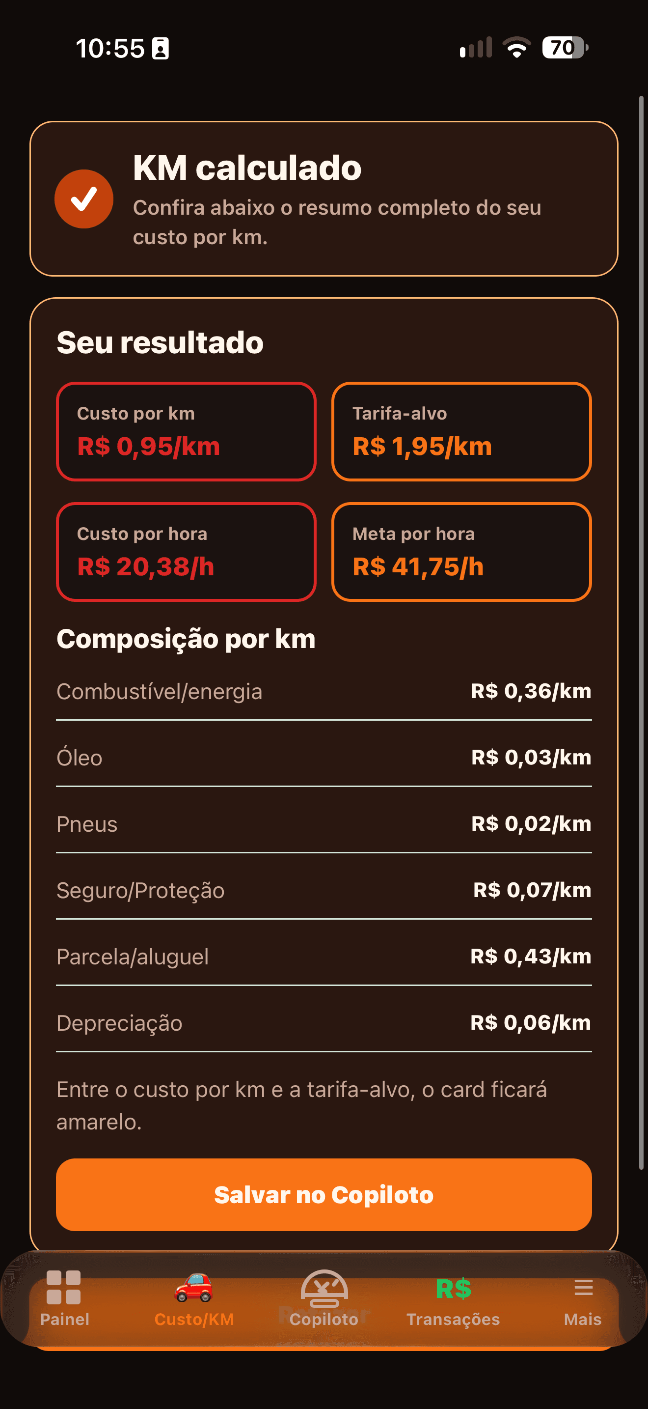 Resultado do cálculo de custo por quilômetro na Fênix em moldura Android