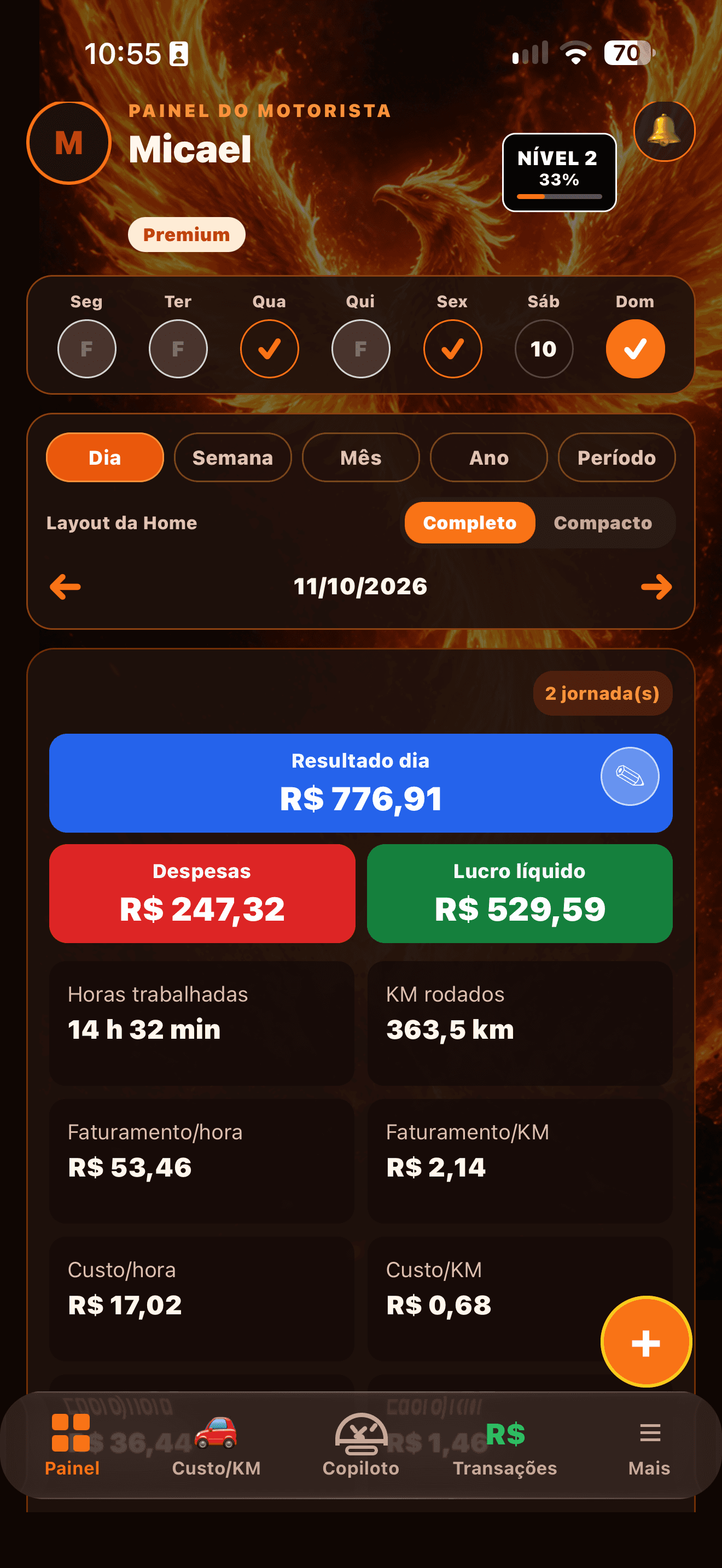 Painel da Fênix no iPhone com resultado do dia, despesas e lucro líquido